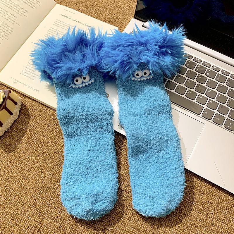 Funny Big Mouth Monster Plush Socks Cartoon Creative Warm Plush Thick Coral Velvet Sleeping Socks Winter Women Socks Gifts