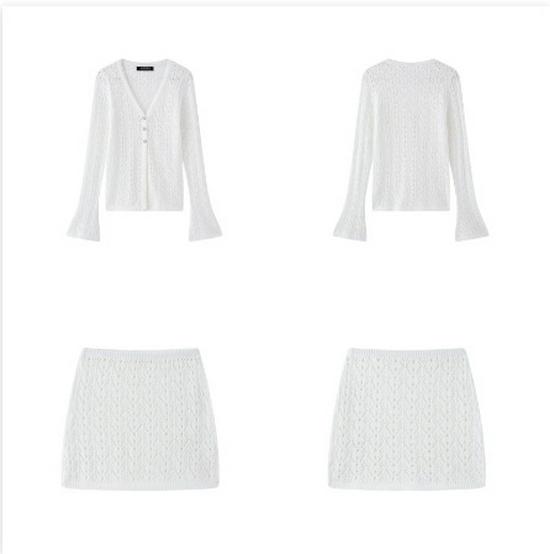 

2025 Spring European & American Women s Sheer Hollow Short Top and Skirt Set S