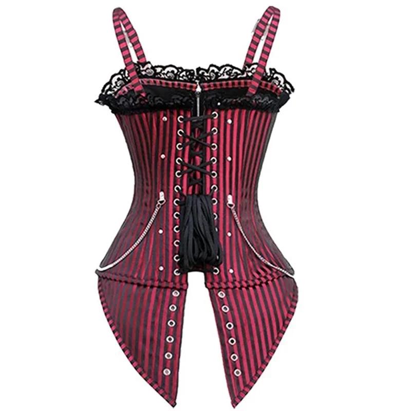 Sexy Women Gothic Corset Bustier Striped Zip Buckled Steampunk Overbust Corselet Vest Punk Rock Style Clothes