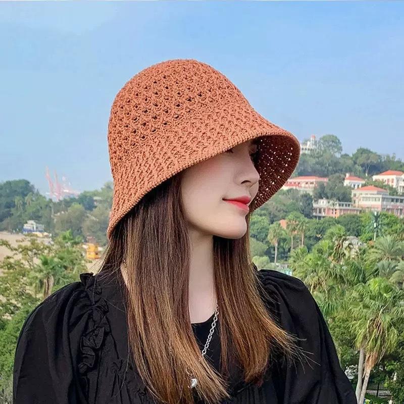 

Spring and summer outdoor sunscreen bucket hat basin hat knitted cut-out foldable sunshade hat women s mesh face small hat Adjustable