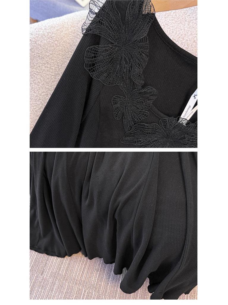 Plus Size Elegant Knit Dress for Women (130-300 Jin) - Embroidered Inlay with Large Hem, Perfect for Spring and Autumn