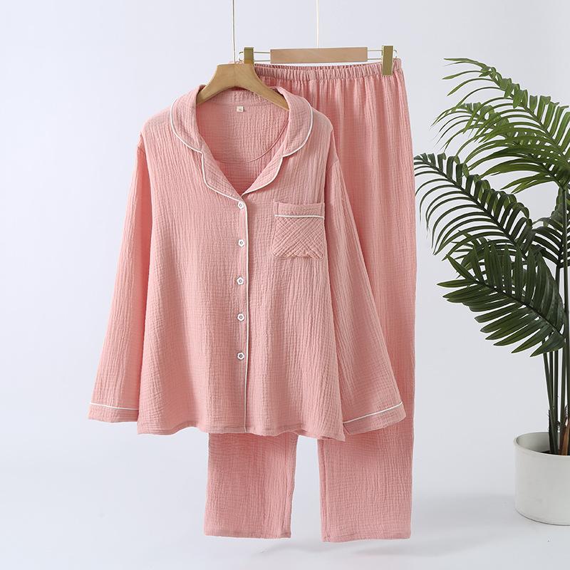 Spring and Autumn New Women's Pajama Set 100% Cotton Solid Color Lapel Long Sleeved Pants Home Furnishing Two Piece Set