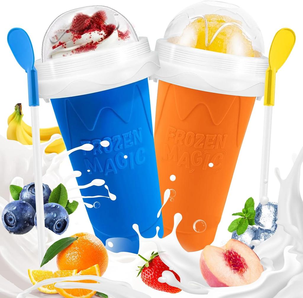 Slushie Cup, 2 Pack Slushy Maker Cup, Frozen Magic Squeeze Cups for Juice Milk Yogurt Ice Cream Make, DIY Smoothie Cooling Cup with Lid ,Straw