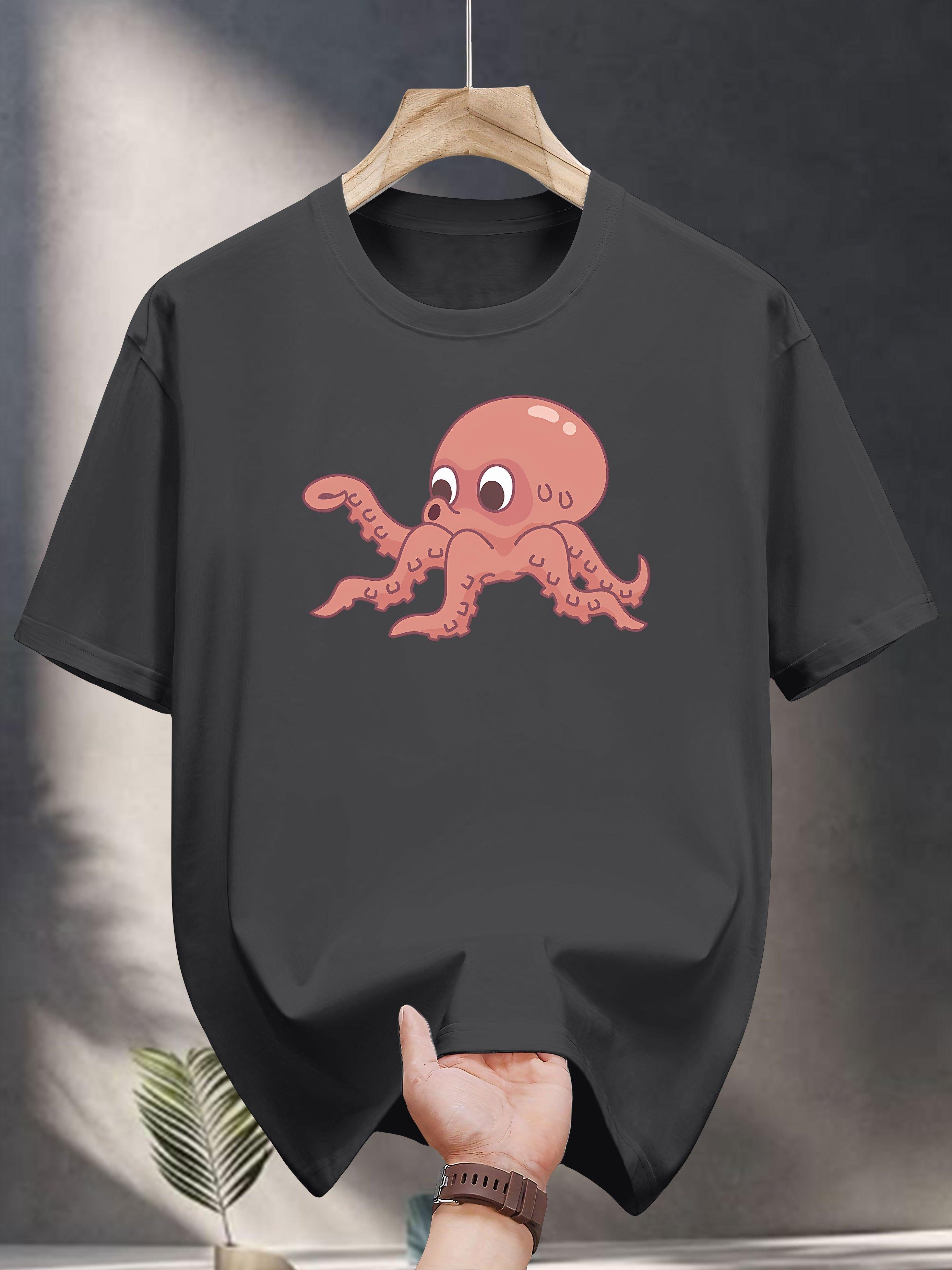 

200g 100% Cotton Short Sleeve T-shirt with Cute Cartoon Octopus Print - Black Casual Summer Tee S