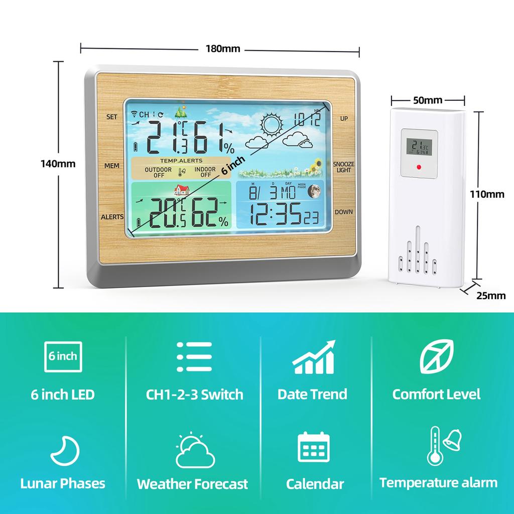 Funk Wireless  ,  , Outdoor Indoor with 6\  LED Brightness Color Display Temperature   Humidity Forecast