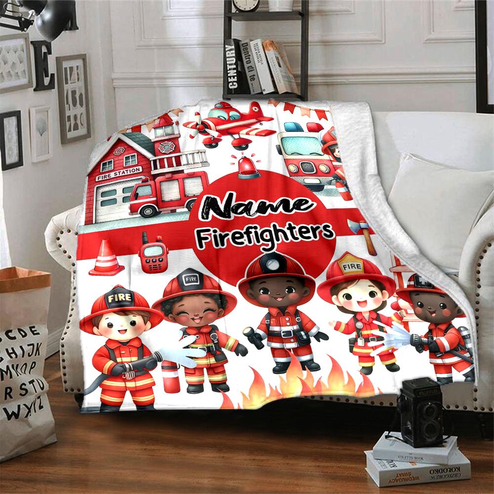 Custom Name fire truck Theme Printed Blanket - Perfect for Couch, Bed, Travel & Outdoor Use | Machine Washable, Cozy & Durable.