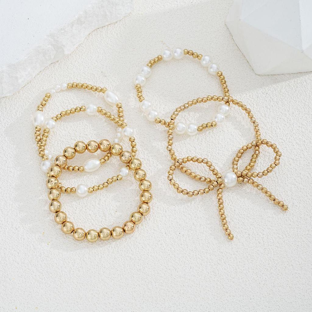Bow Bracelet for Women Stackable Gold Bowknot Ribbon Beaded Bracelet Sets