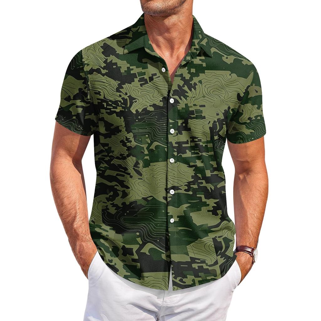 Camisa Casual de Manga Corta con Estampado de Camuflaje para Hombre, Moda Ligera de Botones, Top de Verano para Exteriores Ajustado para Uso Diario