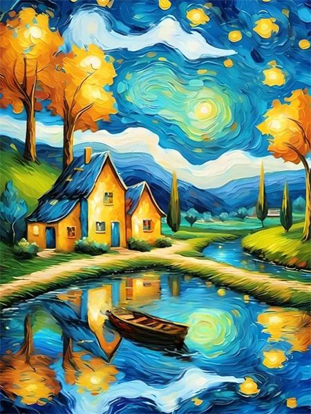 5D Diamond Painting House River Full Square Round Embroidery Fantasy Landscape Mosaic Home Decor