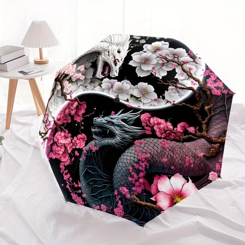 "Yin Yang Dragons with Cherry Blossoms Wall Art Print" Umbrella, Cute Umbrella with Cute Design, Portable 3-Fold Compact Umbrella for Men & Women, Val