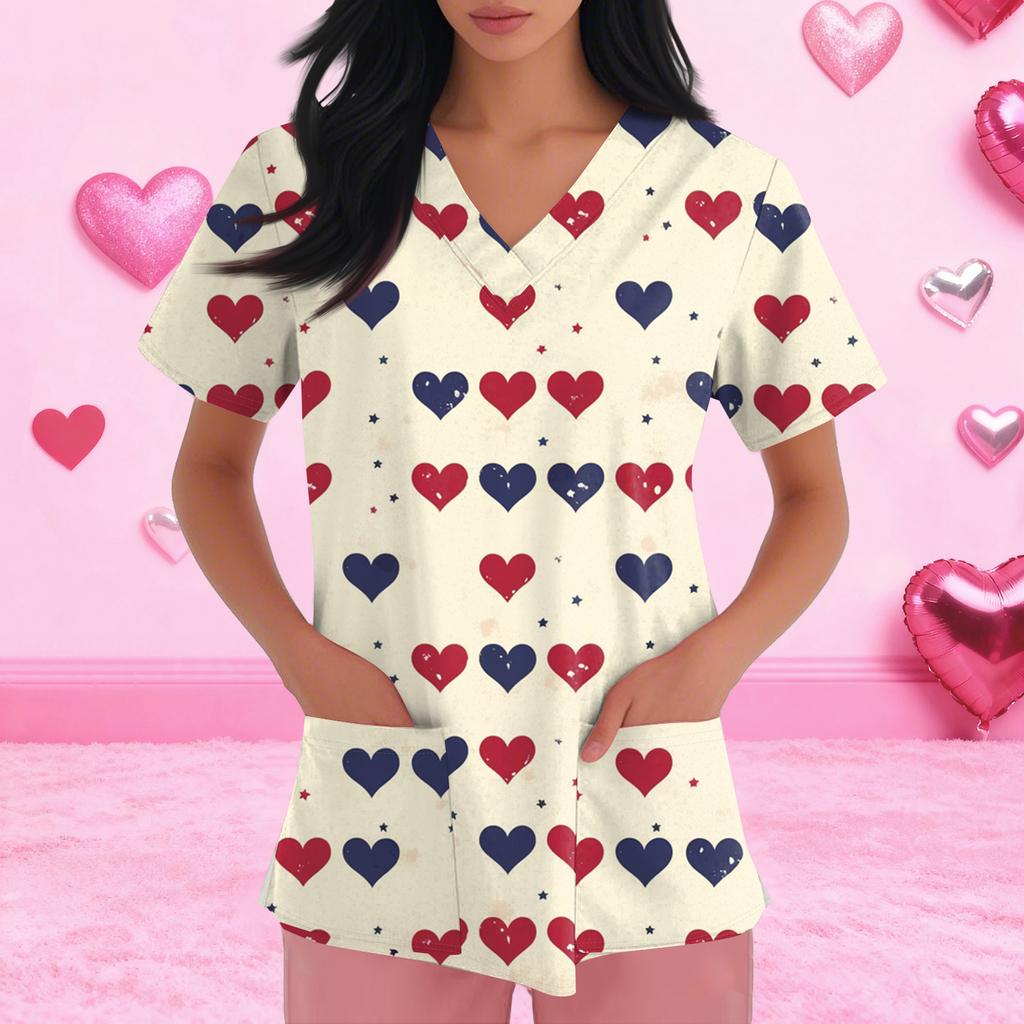 Women's Fashion Short-Sleeve Valentine's Day Print V-Neck Pocket Workwear Top