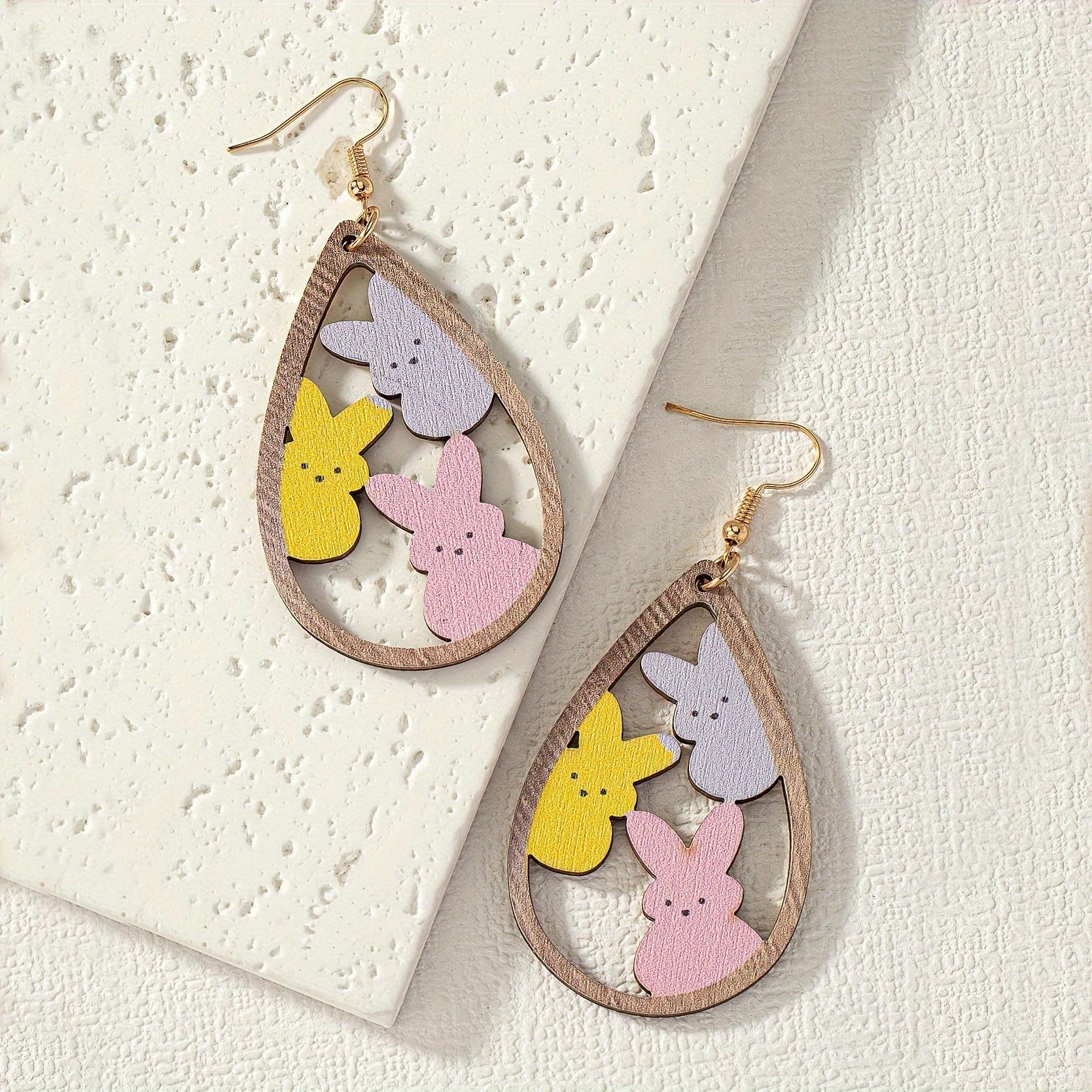 Деревянные Милые Кролики Расписные Серьги Пасхальные Яйца Радужный Леопардовый Принт Серьги-Капли Женские Аксессуары