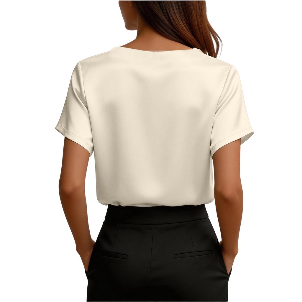 Blusa Satinata a Maniche Corte da Donna con Scollo a V Impreziosito da Perle Vestibilità Larga Top Elegante per Ufficio o Uso Casual