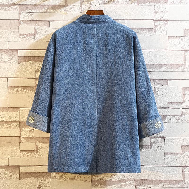 Herren Frühling Denim Tang Anzug Jacke mit chinesischen Froschknöpfen: Zen-inspirierte taoistische Hanfu-Robe