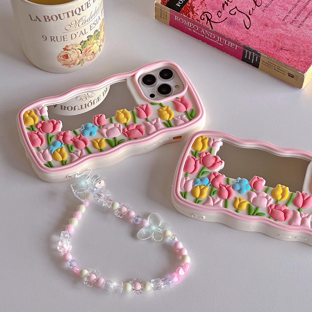 Cartoon Wave Edge Tulip Mirror Phone Case Compatible for iPhone 14 13 12 Pro Max 11 7 8 Plus X XS XR X Max Stereoscopic Silicone Protective Cover