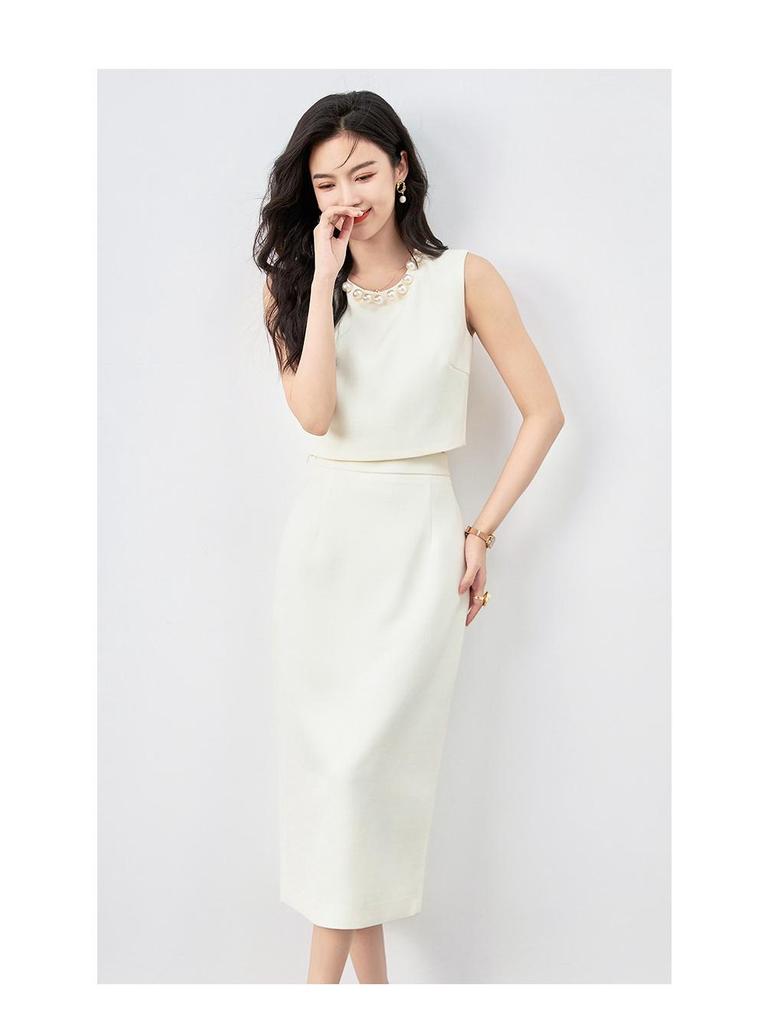 Fashion Pearl Collar Sleeveless Vest & Hip-Hugging Midi Skirt Set