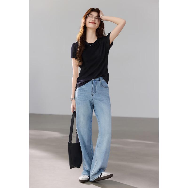 VICTORIA&VERA Women's Ribbed High-Stretch Mulberry Silk Short Sleeve T-Shirt