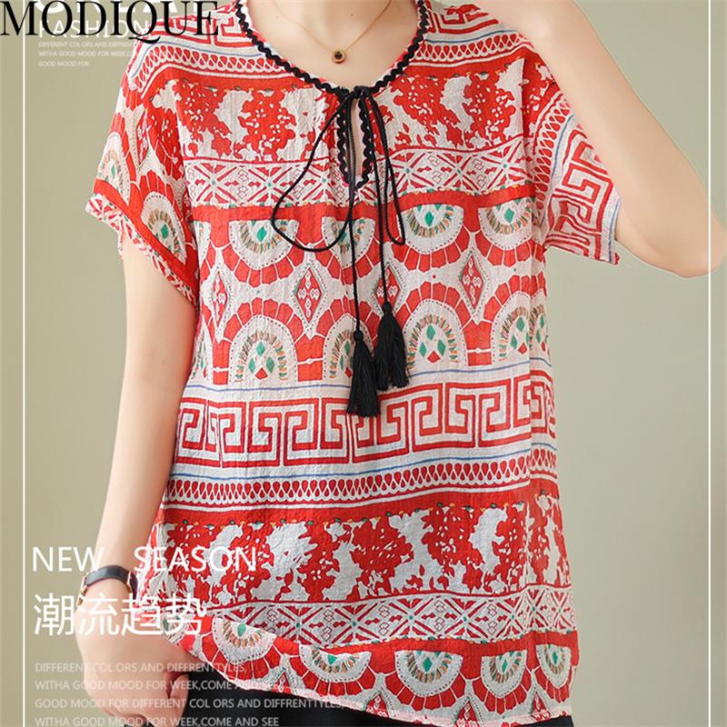 MODIQUE Women Short Sleeve T-shirt Summer Plus Size Loose Casual Elegant Cotton Linen Print Blouse Shirts Lady Basics V-Neck
