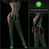 Glow-in-the-Dark Sexy Fishnet Bodysuit with Fluorescent Bandeau and Plus Size Glowing Stockings