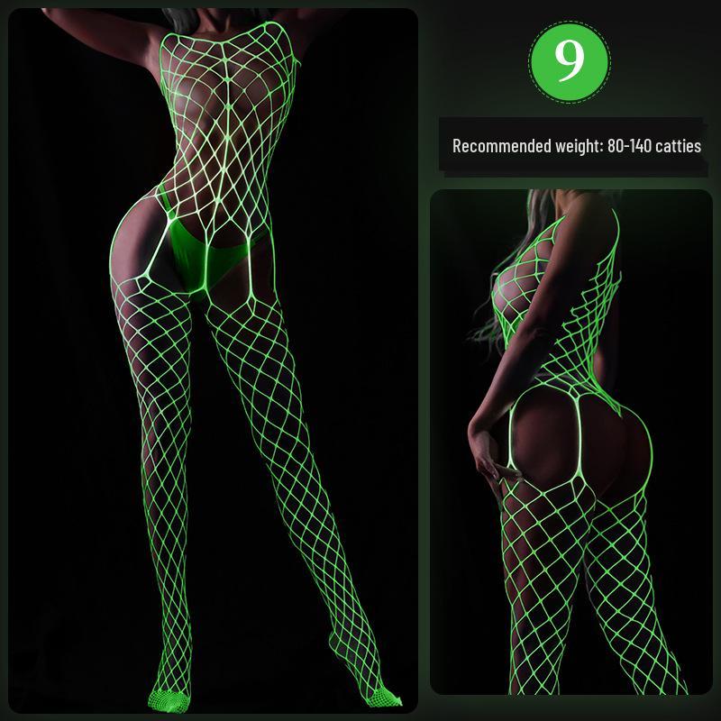 Glow-in-the-Dark Sexy Fishnet Bodysuit with Fluorescent Bandeau and Plus Size Glowing Stockings