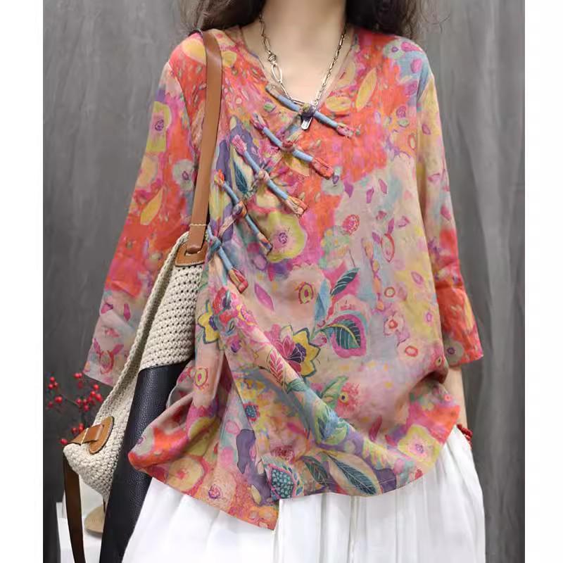 Asymmetrical Linen Frog Button Chinese Style Shirt, Spring/Summer 2026, Slimming Three-Quarter Sleeve Pullover.