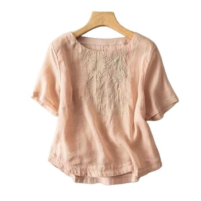 T-shirt a maniche corte in cotone e lino da donna, estiva, larga, ringiovanente, stile occidentale, piccola camicia per la madre, top di temperamento da donna