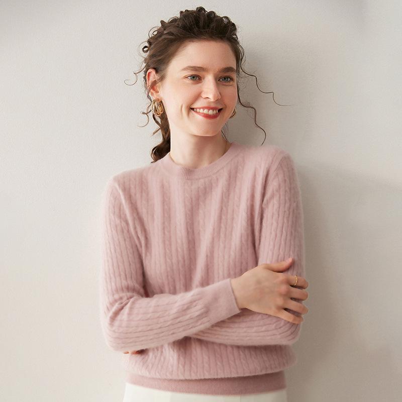 Women's Cashmere Round Neck Cable Knit Sweater - Soft, Comfortable, and Versatile for Autumn and Winter