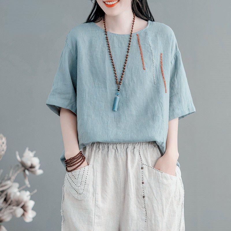 Cotton Linen T Shirts Women Fashion Embroidery Breathable T-shirt Casual Loose Short Sleeve Vintage Top Summer Trend Thin Tshirt