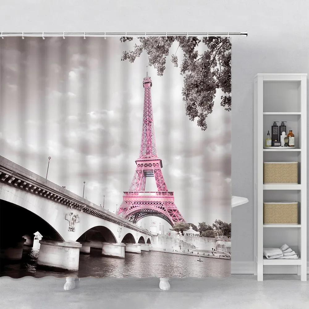 Tour Eiffel Paysage Urbain Ensemble de Rideaux de Douche Crochets Tissu Suspendu Décoration Moderne pour la Maison Rideau de Salle de Bain Tissu Polyester Écran de Douche