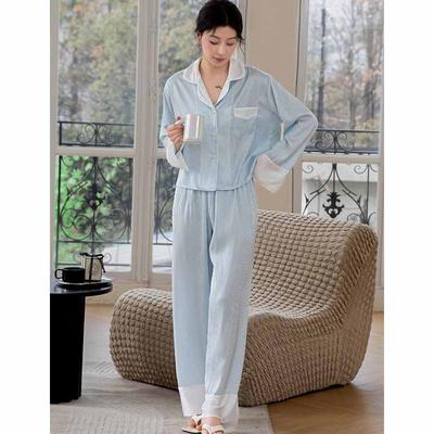 Blue Striped Long-sleeved Pajamas Two-piece Set Spring and Autumn Casual Home Wear Women's Loose Lapel Pajamas Home Wear