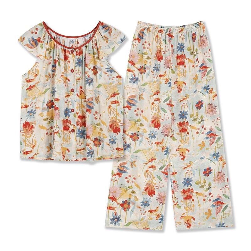 Printed Buttons Cotton and Silk Pajamas Women's Spring and Autumn Thin Sleeveless Trousers Artificial Cotton Suit Loose Loungewear