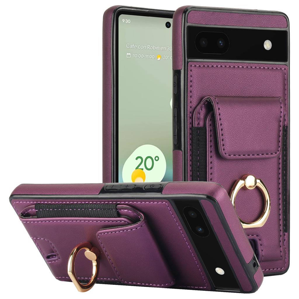 For Google Pixel 6a Phone Case PU Leather+TPU Card Holder Cover with Ring Holder