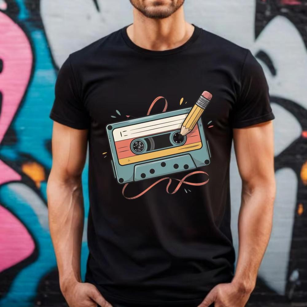 Retro Cassette Tape Printing Tshirt 80s 90s Music Lover Tees Vintage Mixtape Pencil Rewind Funny Tops Unisex Casual Retro Shirt