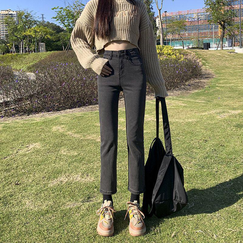 Trendy Women's High Waist Velvet Slimming Straight-Leg Jeans for Winter