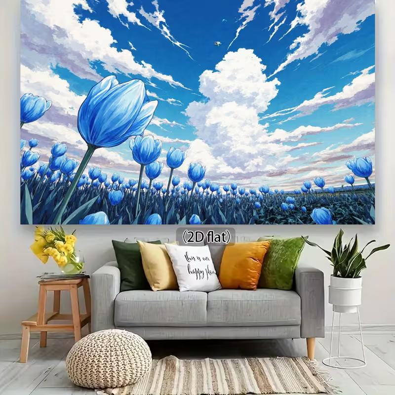 

2D Flat Spring Floral Banner, Cartoon Style Blue Tulips and Anime Sky Decor Background 47.2x31.5inch/120*80cm