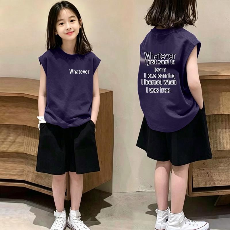 Girls' Trendy Purple Cotton Vest & T-Shirt Set - Summer Sleeveless Two-Piece for Medium & Large Children