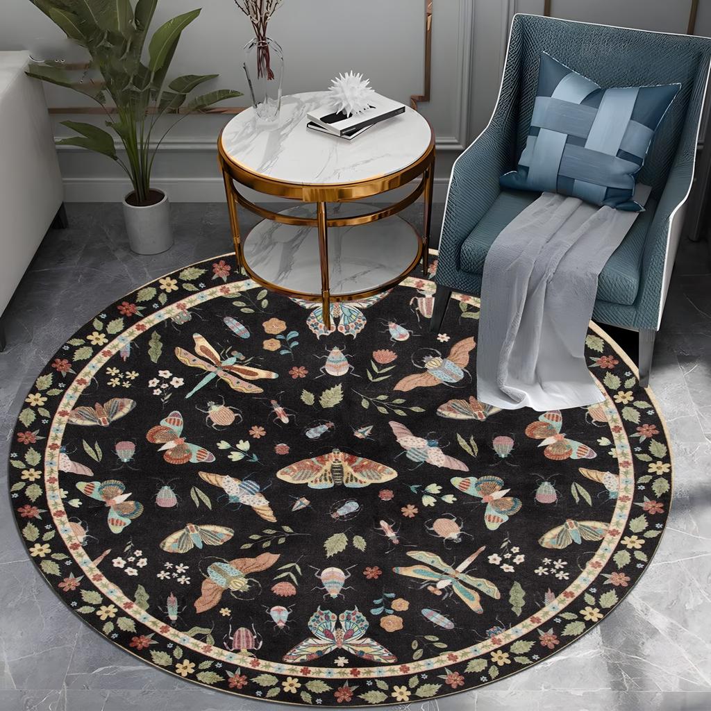Round Insect & Floral Carpet - Vibrant Butterfly/Dragonfly/Moth Motif, Black  Boho Rug for Living Room, Artistic Nature Decor