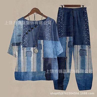 Spring and summer national style bamboo leaf plant printed women's clothing, breathable round neck medium sleeve top, elastic waist loose eight-point
