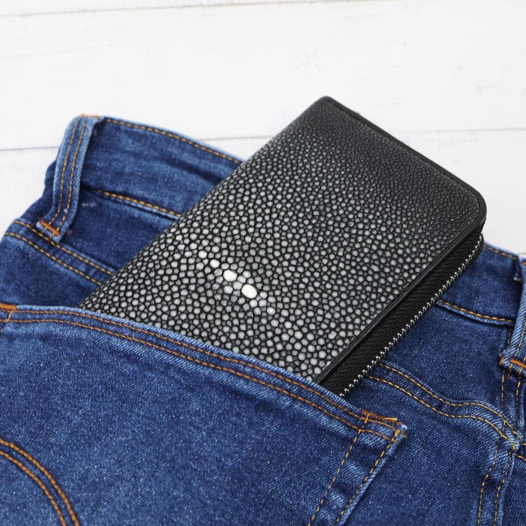 [Revetta] Stingray Leather Long Wallet, Black, Round Zipper, Galuchat Stingray Leather, Men's Genuine Leather [075-1stw-2-1]