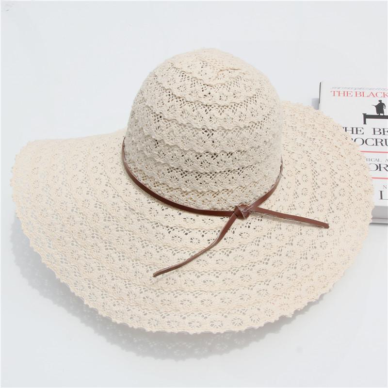 

Women s Summer Wide Brim Sunhat with Hollow Flower Rope Bow Korean Style Beach Sunshade Accessory for Vacation Travel 56-58cm бежевый