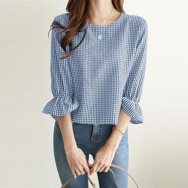 

ZANZEA Women Casual Round Neck Loose 3/4 Sleeve Grid Blouse 3XL