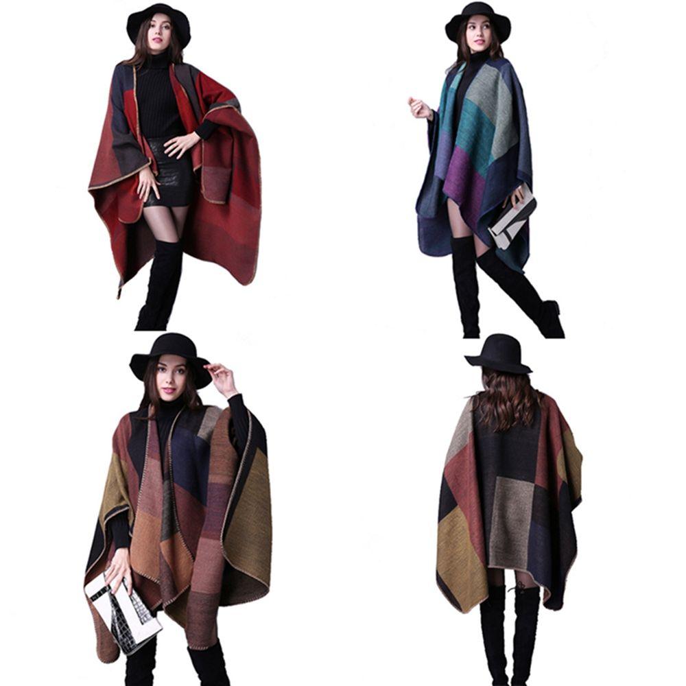 Soft New Women Cashmere Scarf Blanket Cloak Patchwork Plaid Poncho Wrap Shawl