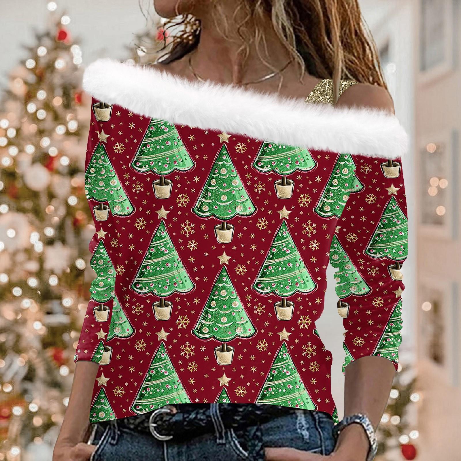 

Женская модная повседневная футболка с разрезом и круглым вырезом, длинным рукавом и рождественским принтом, женский топ L винный