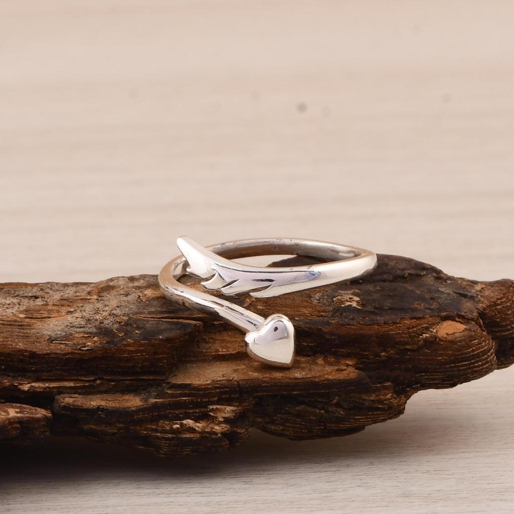925 Sterling Silver Heart Arrow Ring, Adjustable Love Ring, Minimalist Cupid Arrow Ring, Open Band Silver Ring, Romantic Gift for Her.