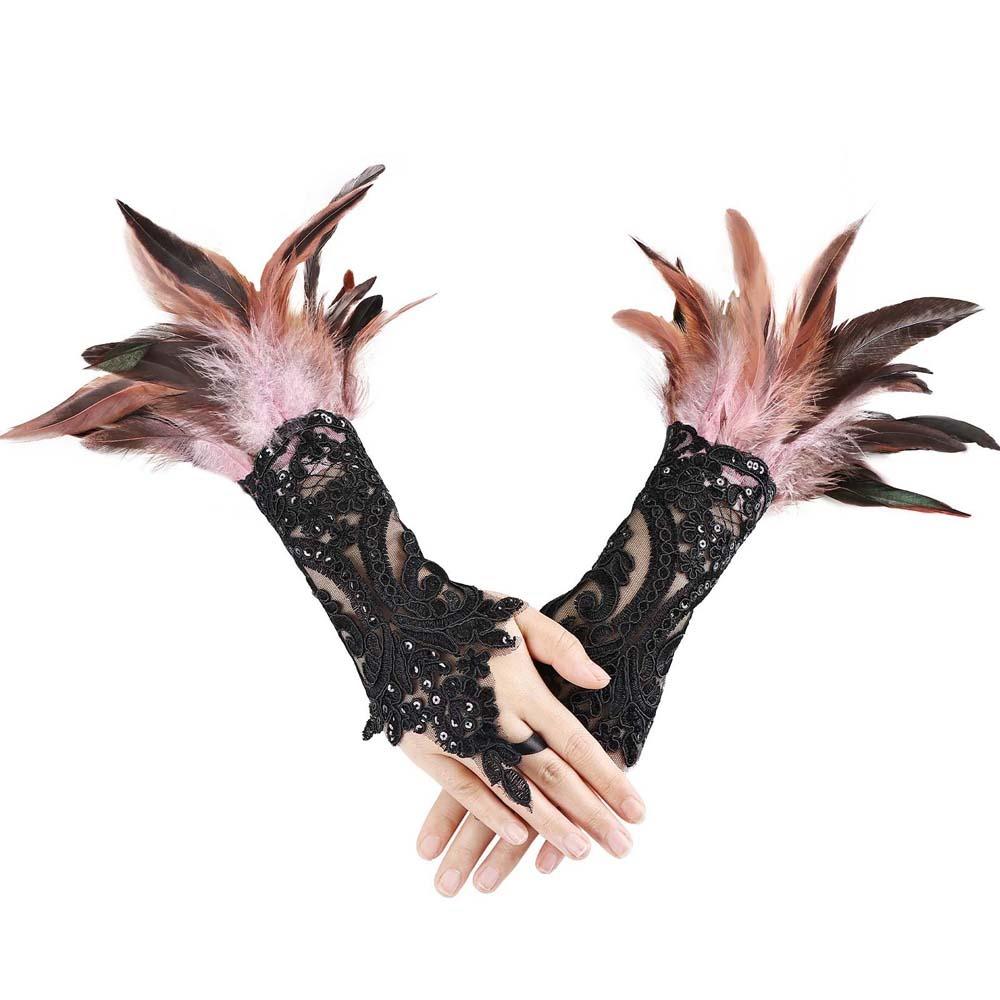 Retro Sequins Feather Lace Gloves Gothic Women Halloween Arm Sleeves Halloween Feather Gloves  Ball