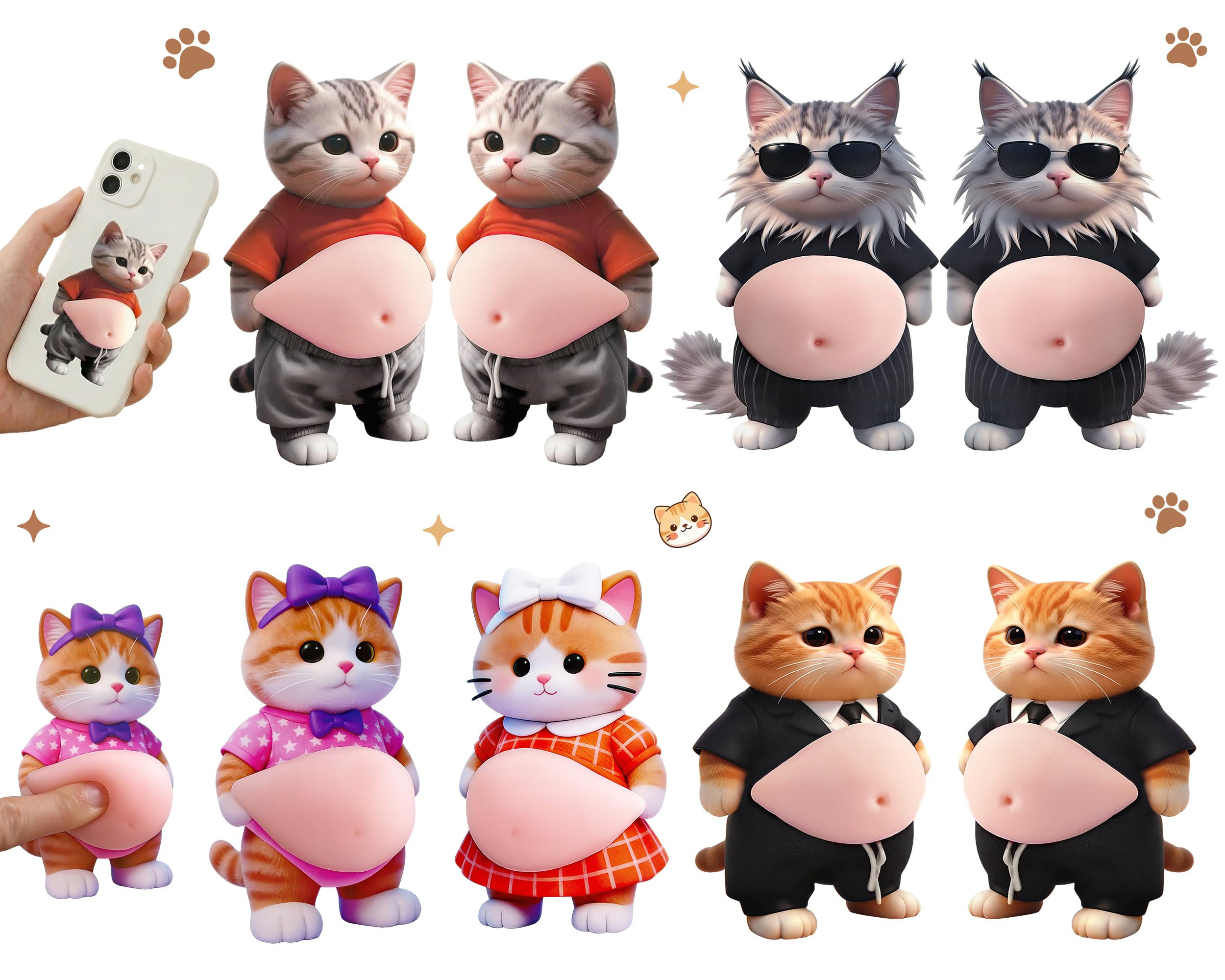 

GOKEI Puni Puni Belly Sticker 3D Squeeze Stress Relief Cat Dog Shiba Inu Calico Mochi Decorative Car Smartphone Wall Impact Prevention Set of 4 Cats 8
