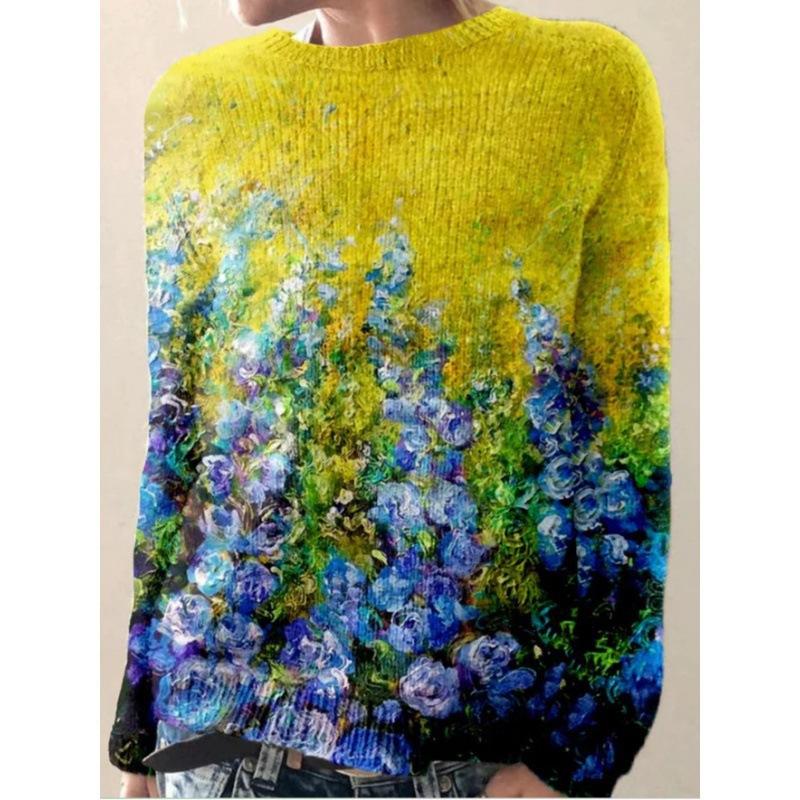Spot 3D Printed Women's Floral Pattern Pullover Hoodie Without Hat Casual Loose Long Sleeved Top