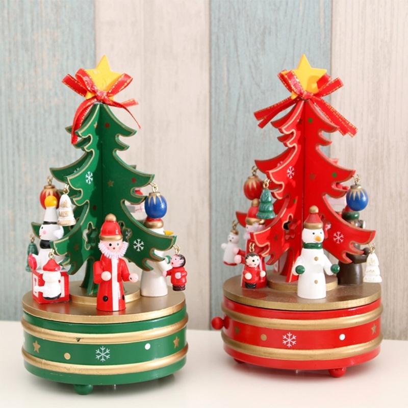 Natural Wood Christmas Tree Rotating Musical Decoration with Figurines Ornaments Holiday Party Centerpieces Music Box