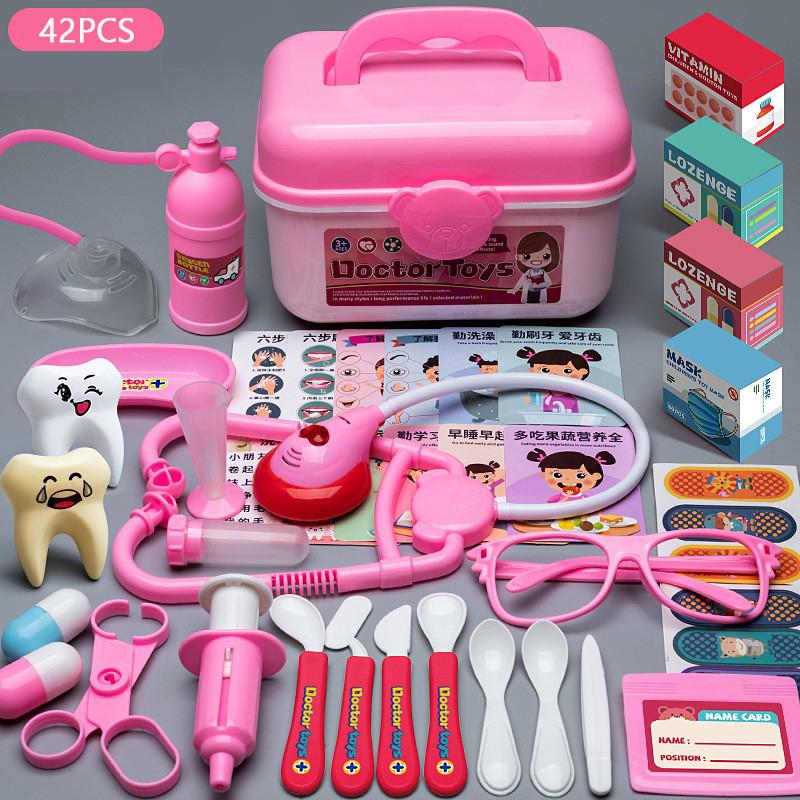 42PCS Children s Doctor Toy Girl Simulation Home Puzzle Set Kindergarten Stethoscope Nurse Injection Teeth Doctor Playing Toy розовый