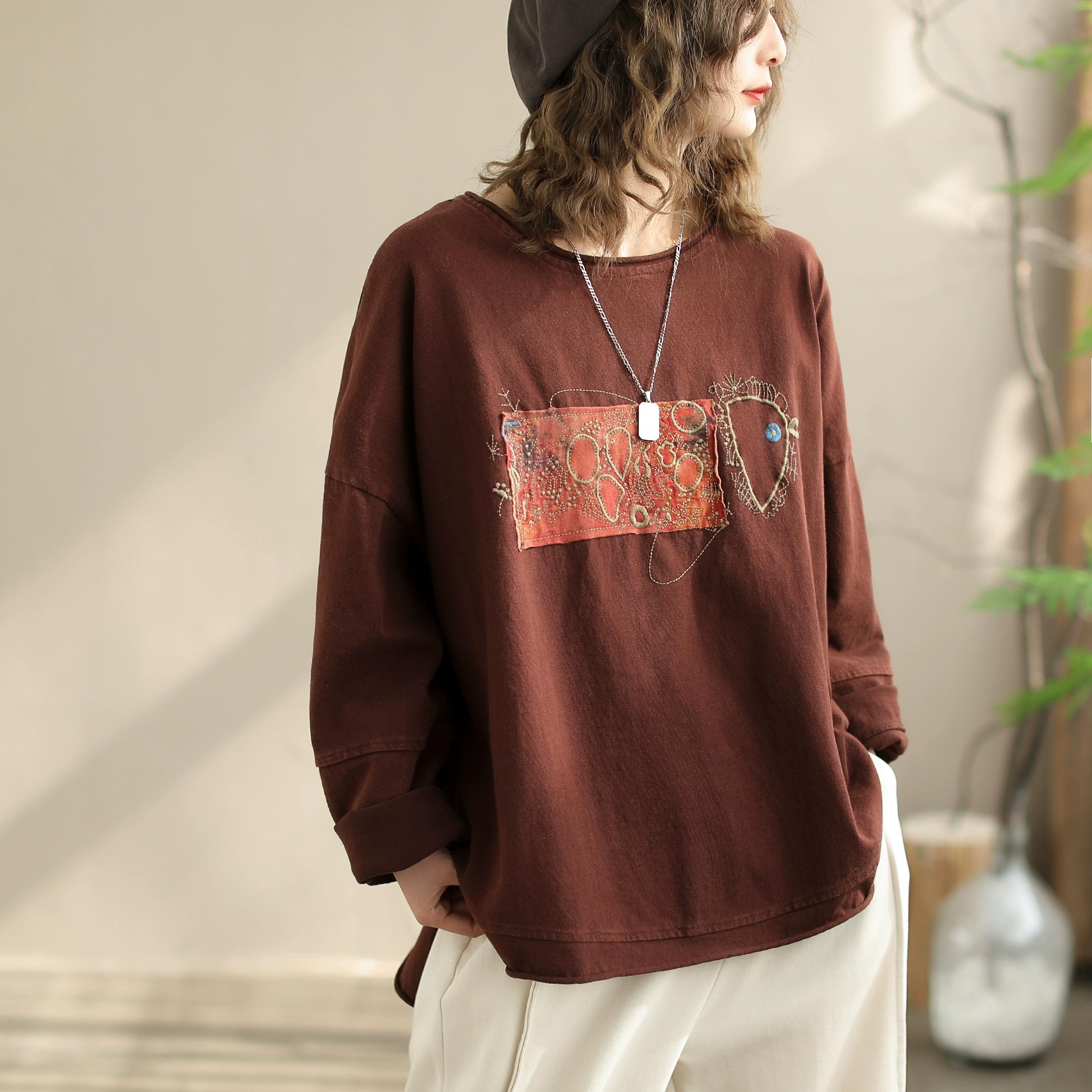 

DIMANAF 2024 Новинка лета больших размеров для женщин с принтом, свободная вышивка, базовые топы с длинными рукавами и круглым вырезом, футболка, новинка 04 One Size